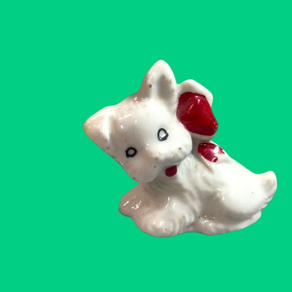 Vintage Miniature White Yorkie Terrier Mini Figurine Red Bow Japan Signed 2" - Picture 3 of 8